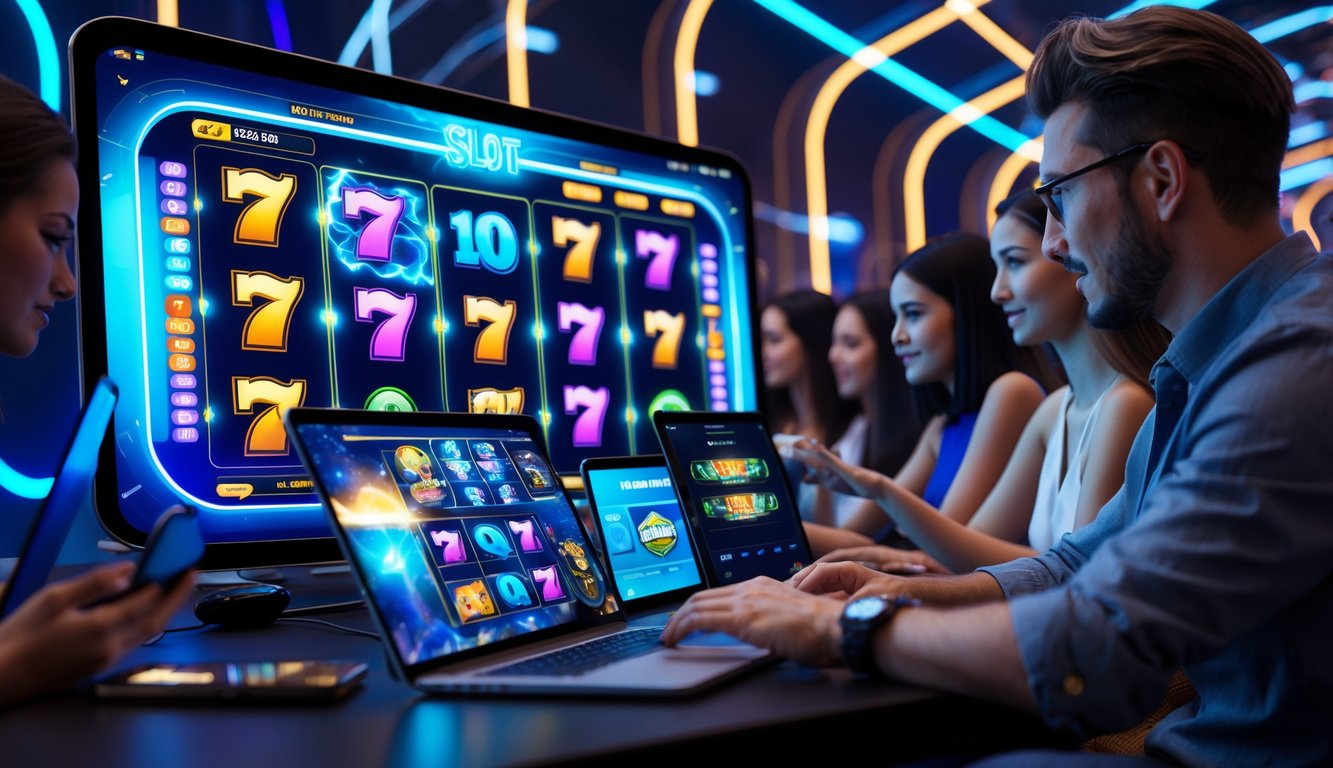 Beberapa orang sedang bermain permainan slot online di berbagai perangkat dengan latar belakang lampu neon yang berwarna-warni.