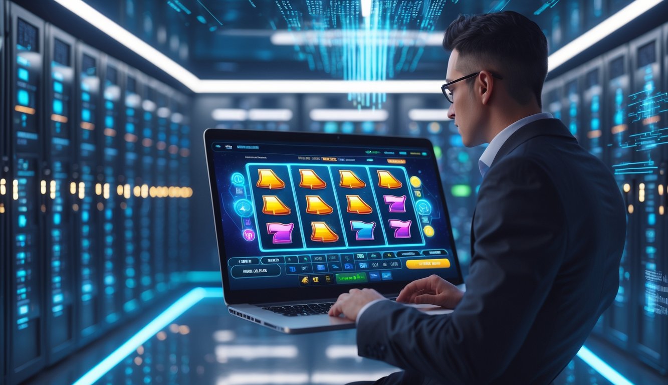 Seorang pengguna laptop bermain permainan slot online di depan server modern dengan lampu LED menyala.