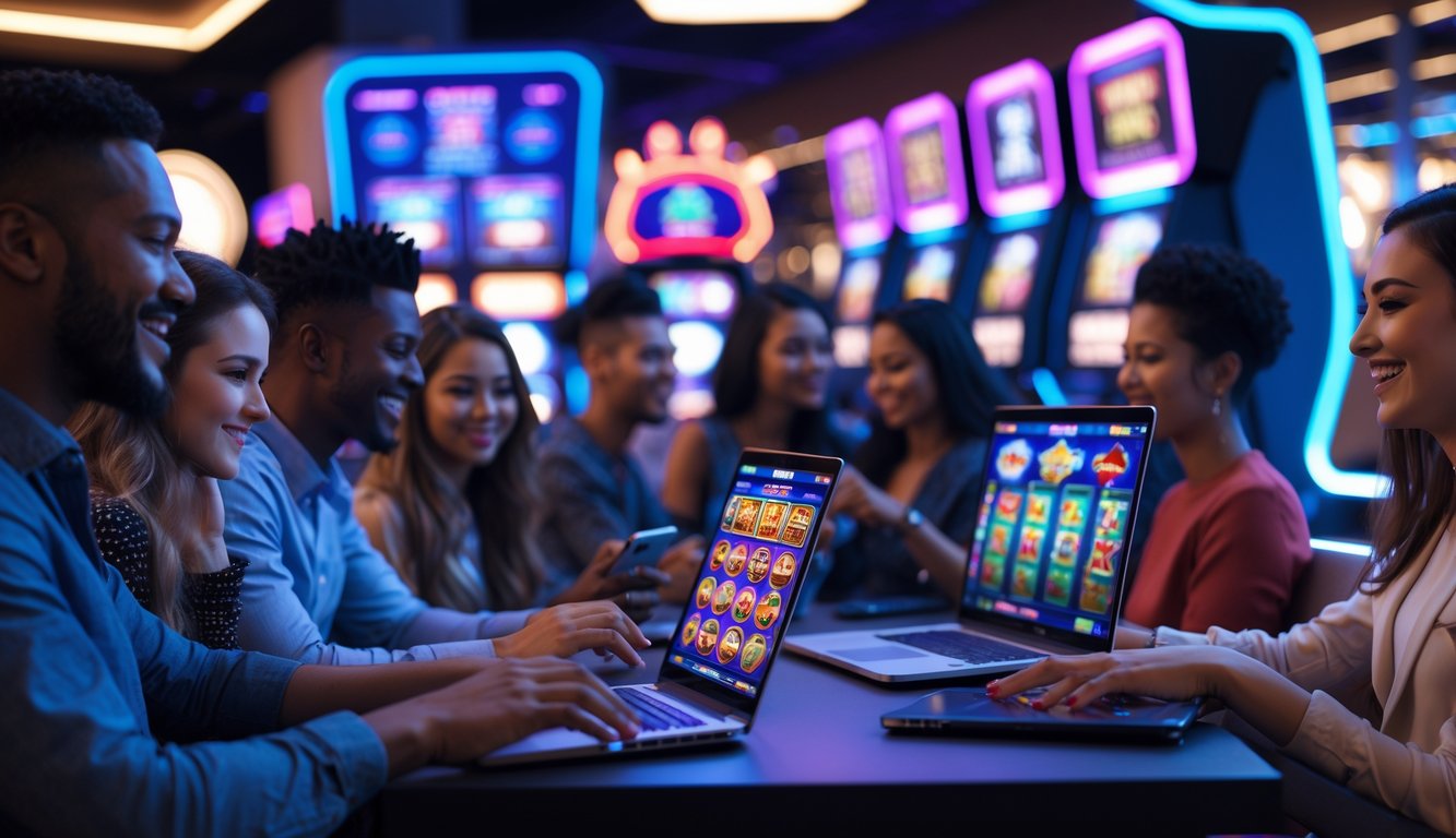 Beberapa orang bermain game slot online menggunakan laptop dan ponsel di ruang modern dengan lampu neon dan grafis digital.