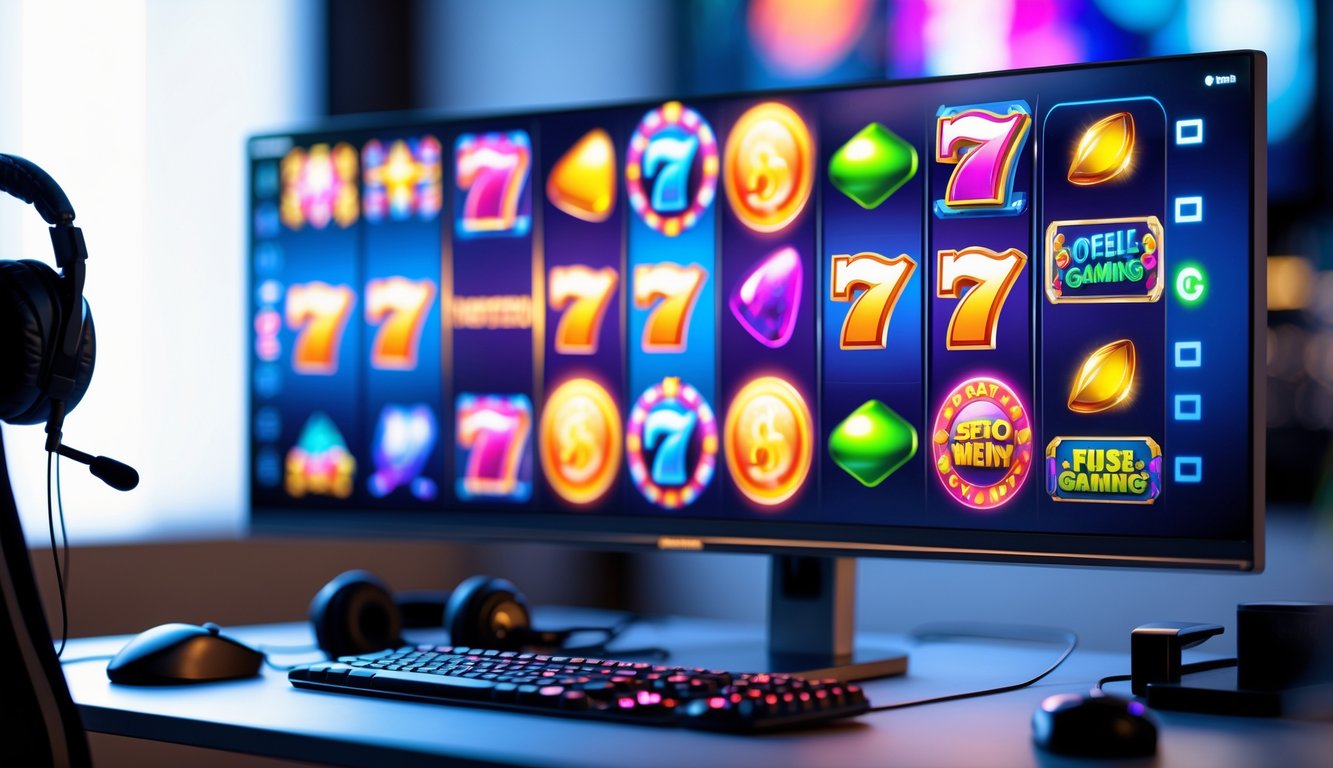Sebuah meja komputer dengan layar menampilkan permainan slot online yang berwarna-warni dan peralatan gaming di sekitarnya.