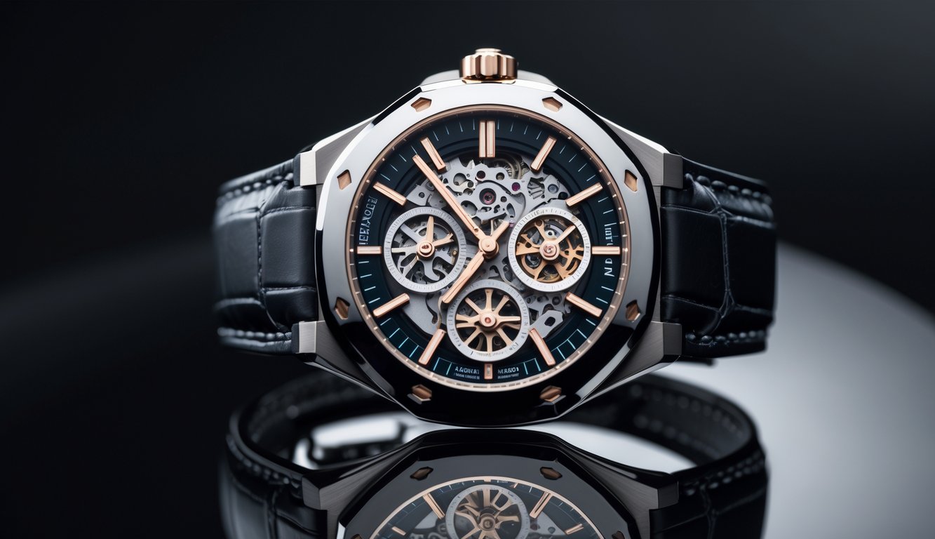 Jam tangan Audemars Piguet terbaru tahun 2025 dengan desain modern dan tali kulit hitam, diletakkan di atas permukaan hitam reflektif.