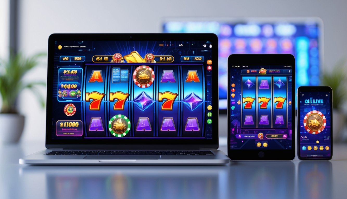 Beberapa perangkat digital menampilkan permainan slot online interaktif dengan grafis warna-warni di atas meja kerja yang modern.