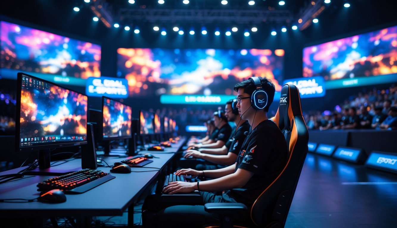Sekelompok pemain e-sports sedang bertanding di arena game dengan peralatan gaming modern dan layar besar menampilkan pertandingan secara langsung.