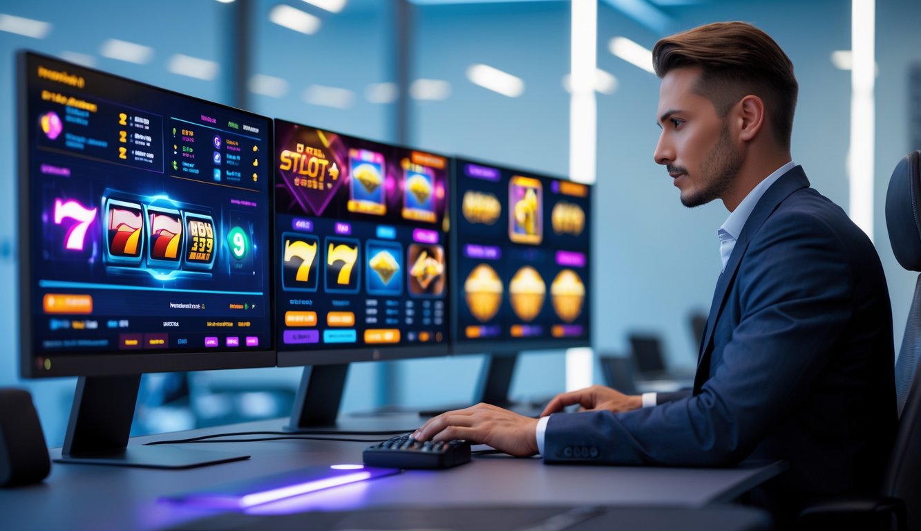 Seorang profesional sedang menggunakan komputer dengan beberapa monitor yang menampilkan grafik permainan slot online dan data kinerja di ruang kantor modern.