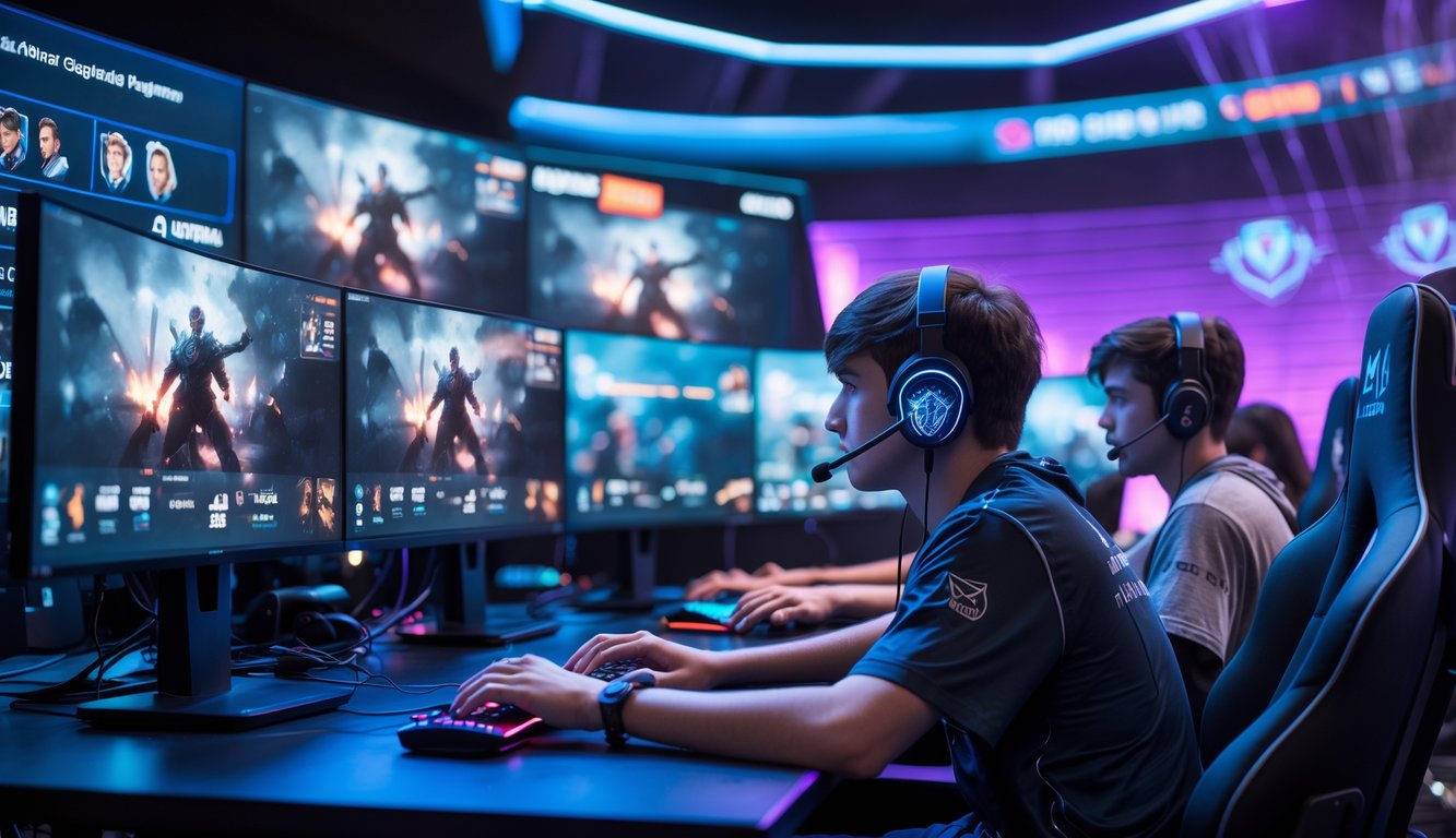 Sekelompok pemain muda sedang fokus bermain game e-sports secara online dengan layar besar menampilkan pertandingan langsung.