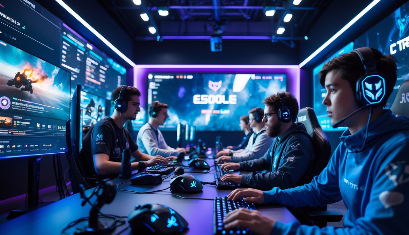 Sejumlah gamer profesional sedang bermain di arena esports modern dengan layar besar dan pencahayaan LED berwarna biru dan ungu.