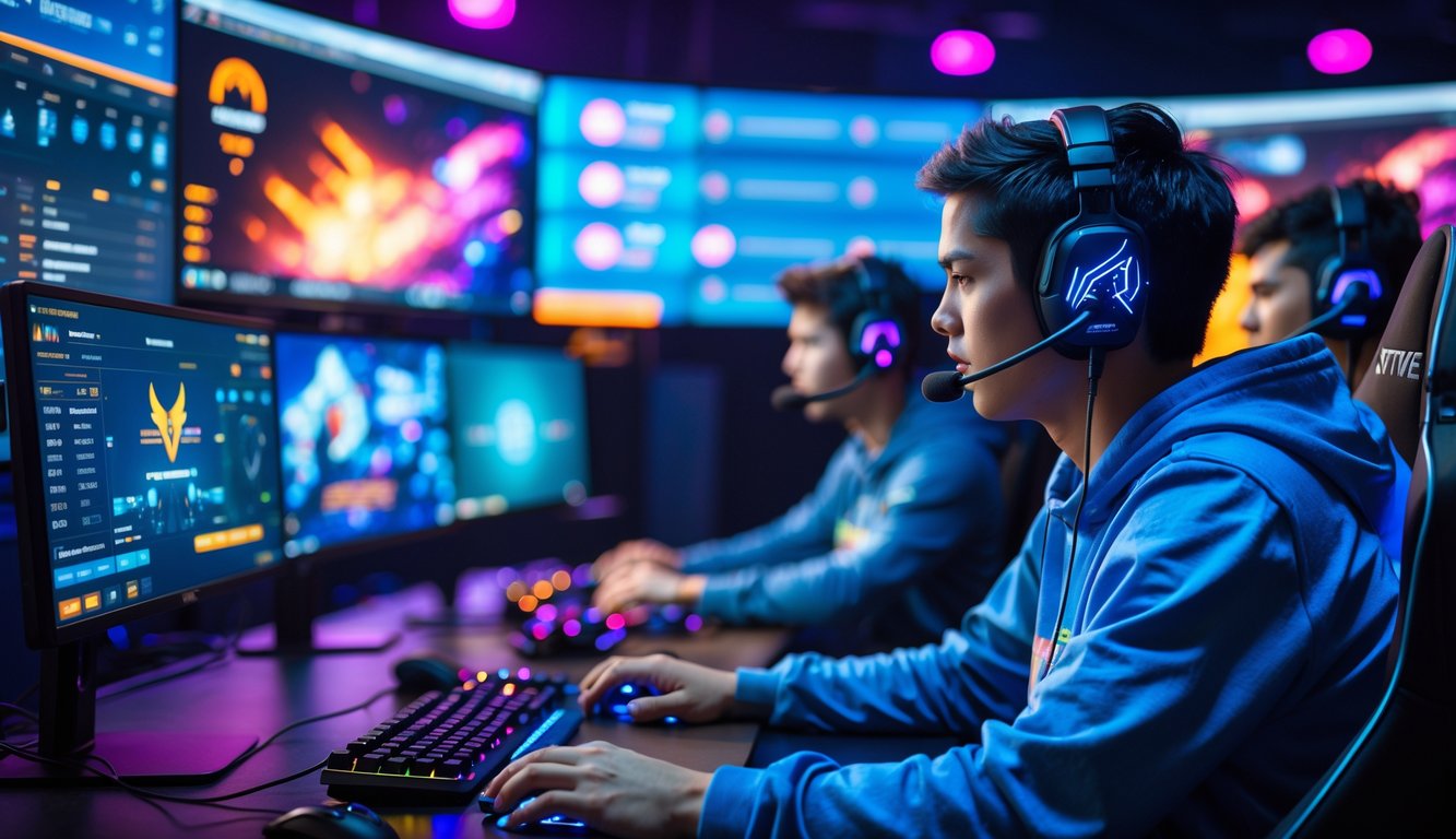 Sekelompok pemain e-sports sedang bermain dengan peralatan gaming modern dan layar menampilkan grafik permainan serta statistik performa.