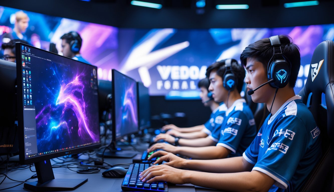 Beberapa pemain e-sports sedang bermain di depan komputer dalam suasana turnamen online yang profesional dan serius.