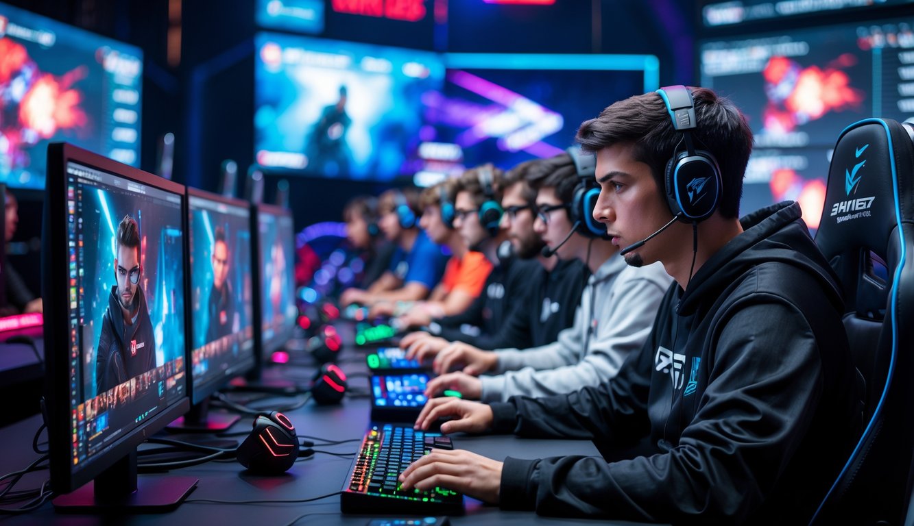 Sejumlah pemain muda sedang fokus bermain dalam kompetisi e-sports online di studio gaming modern dengan peralatan lengkap.