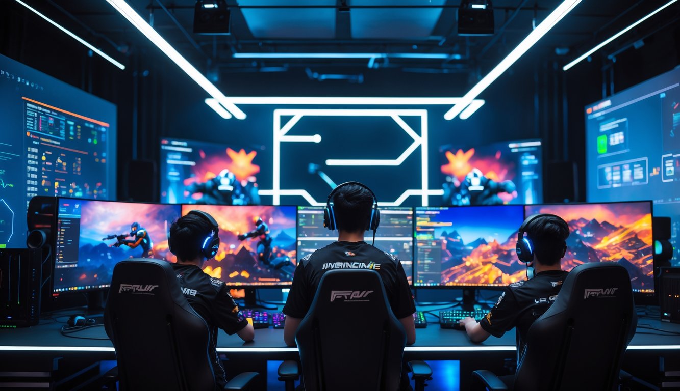 Sekelompok pemain e-sports sedang bermain game online di studio gaming modern dengan peralatan canggih dan pencahayaan LED.