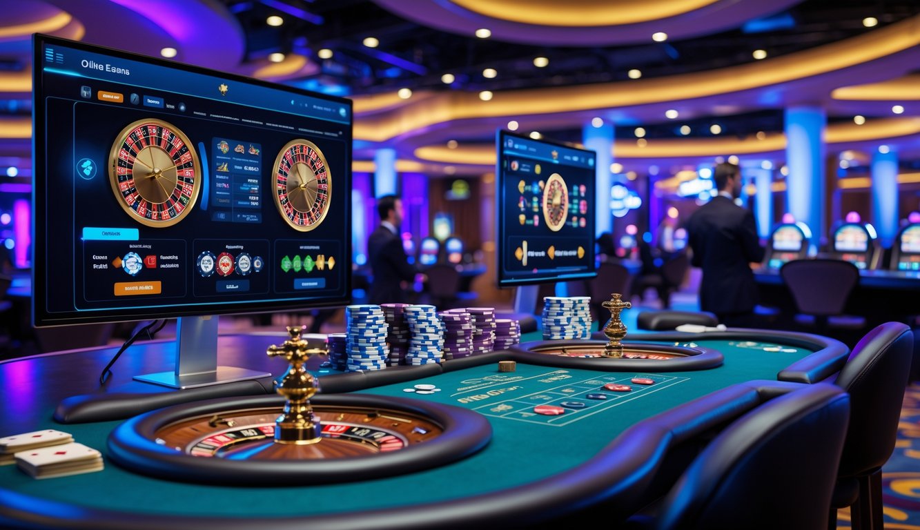 Suasana platform kasino online dengan meja permainan langsung dan dealer aktif dalam tampilan digital.