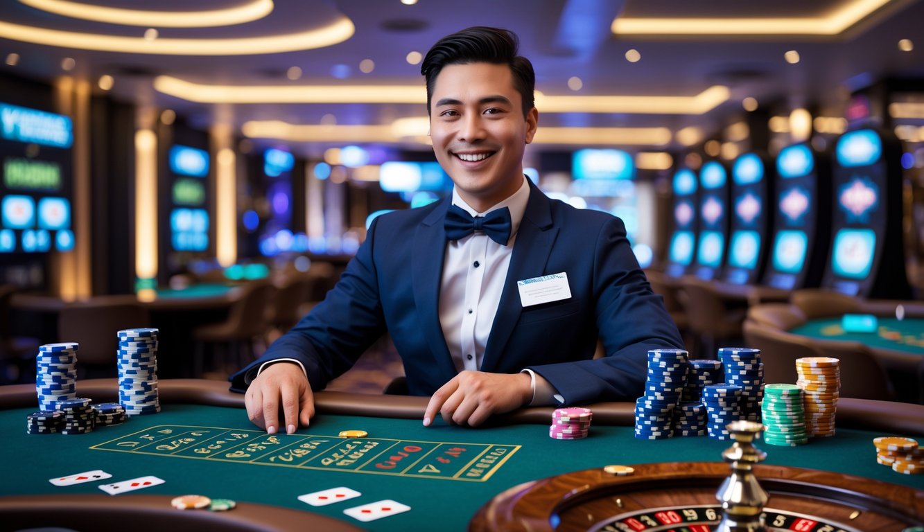 Seorang dealer profesional di meja kasino dengan chip poker dan kartu bermain, di lingkungan kasino modern dengan pencahayaan hangat.