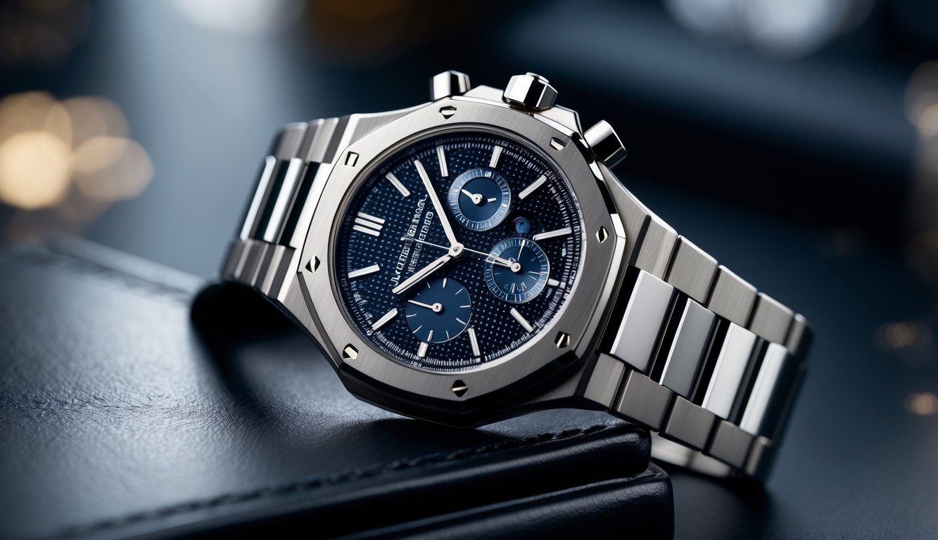 Jam tangan mewah pria Audemars Piguet diletakkan di permukaan gelap dengan pencahayaan lembut.