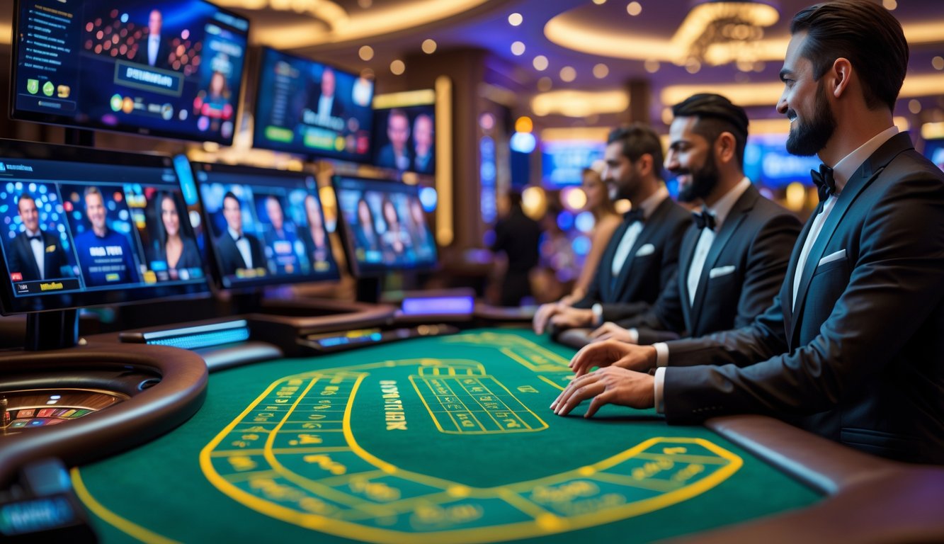 Suasana permainan kasino online dengan dealer langsung di meja kasino dan layar digital menampilkan siaran waktu nyata.