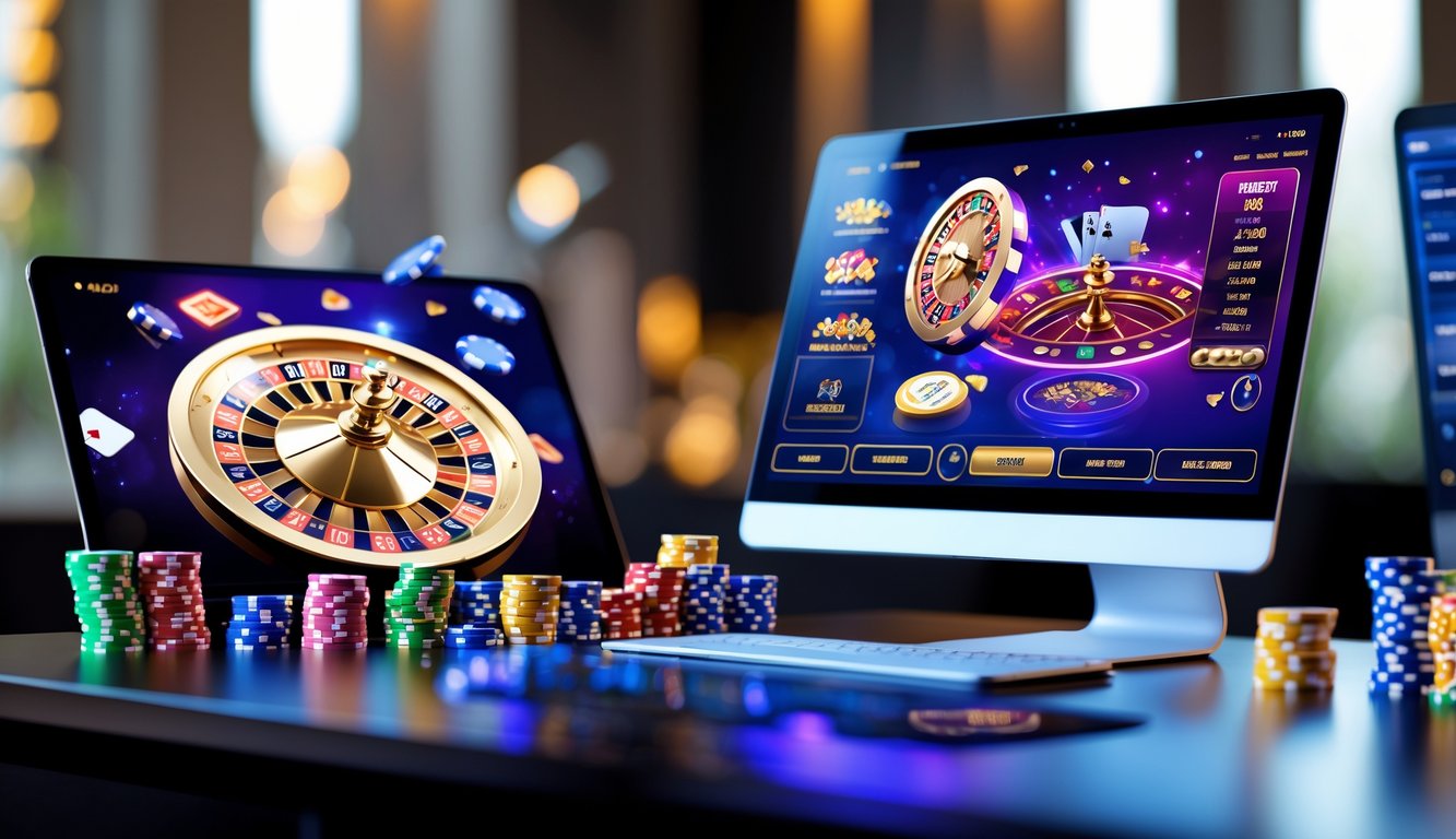 Seorang pemain menggunakan komputer dengan permainan kasino online interaktif di layar, dikelilingi oleh chip poker dan kartu remi.