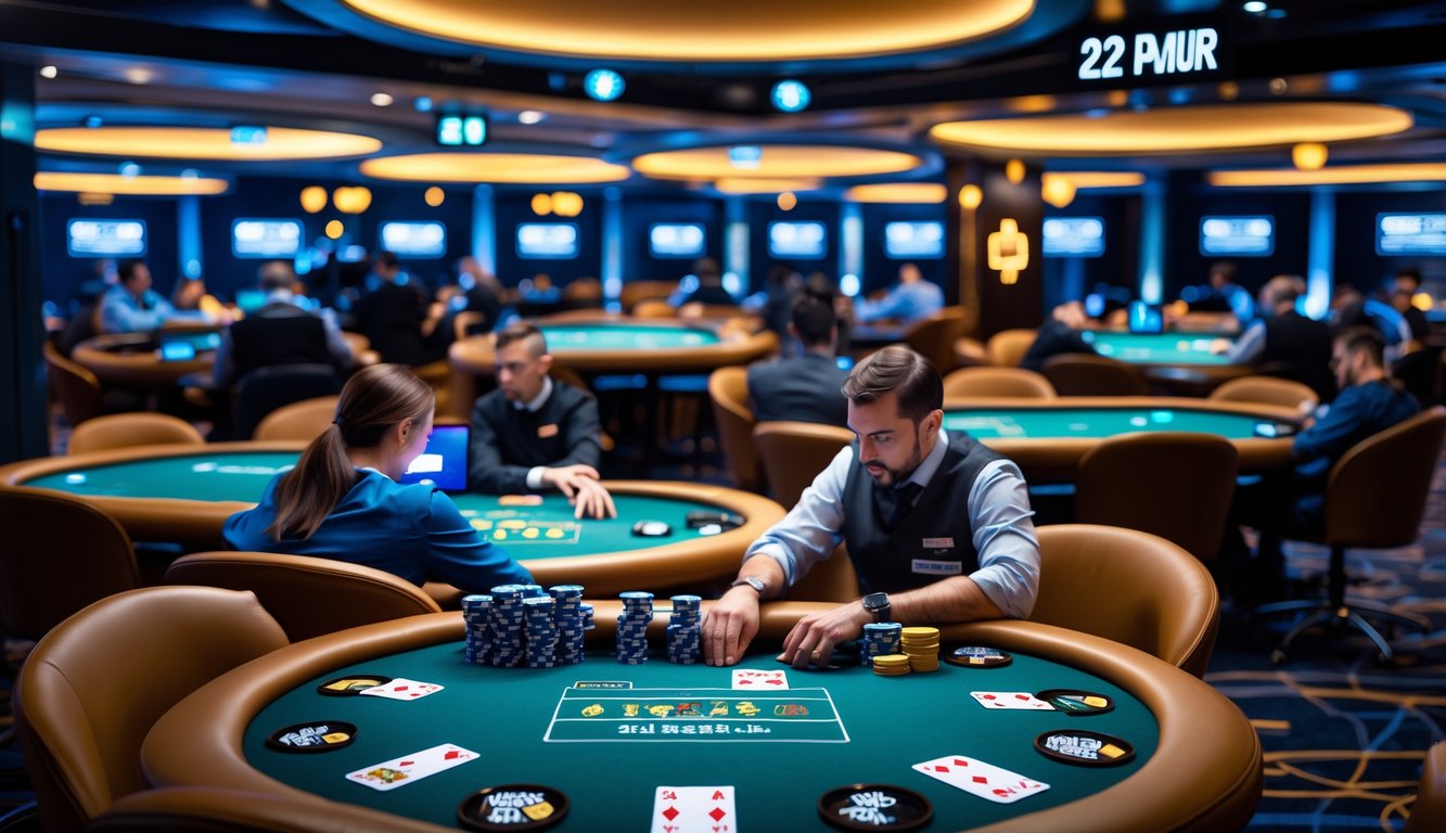 Ruangan poker modern dengan beberapa meja aktif dan pemain yang sedang bermain kartu poker.