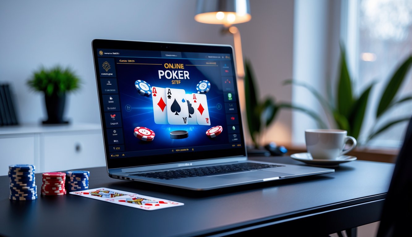 Seseorang sedang bermain poker online di komputer dengan tumpukan chip dan kartu di meja.