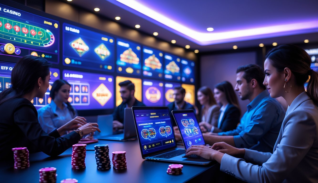 Suasana kasino online dengan pemain yang menggunakan laptop dan ponsel, menampilkan layar permainan kasino langsung dengan grafik tajam dan pencahayaan modern.
