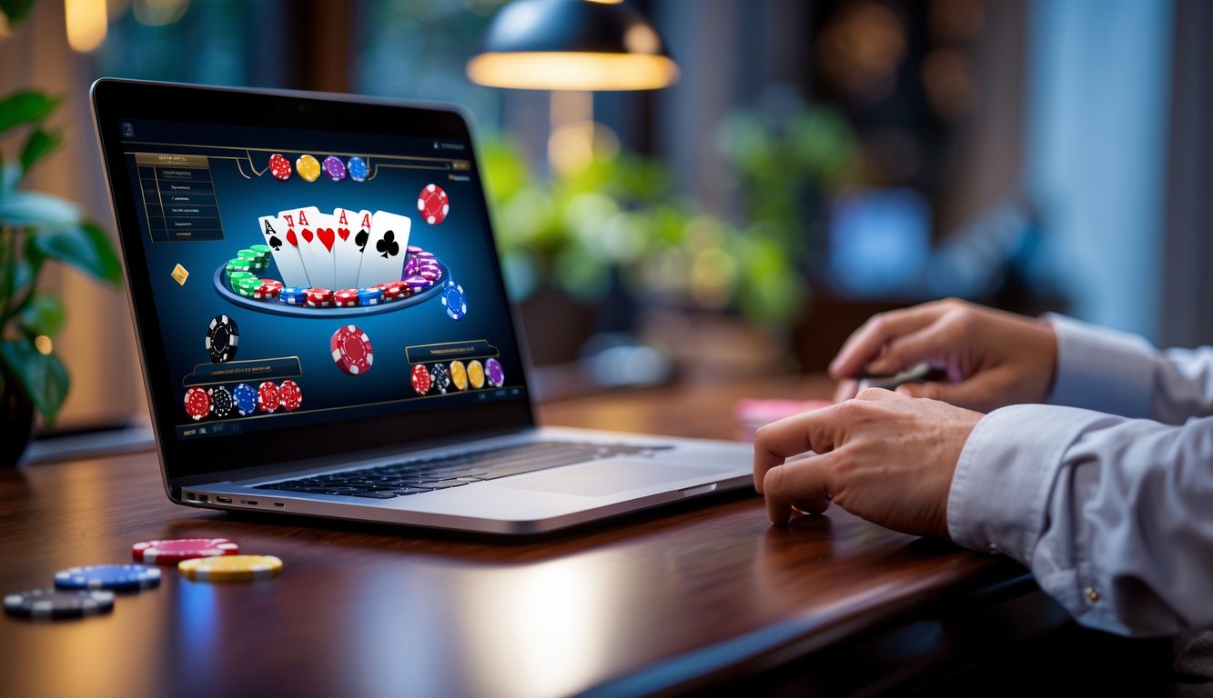 Seseorang bermain poker online di depan komputer dengan tumpukan chip poker dan kartu di layar.