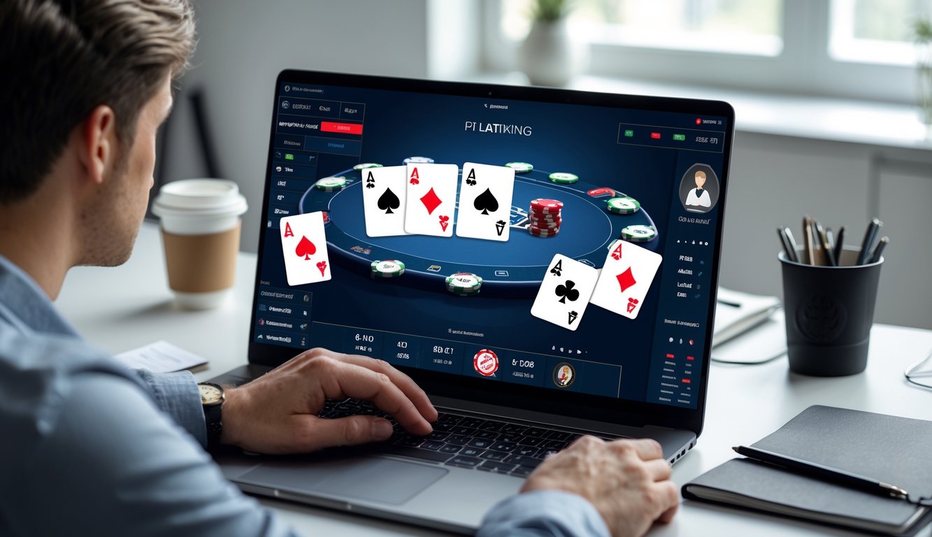 Seorang pemain fokus bermain poker online di depan komputer dengan tampilan permainan poker dan chip di layar.