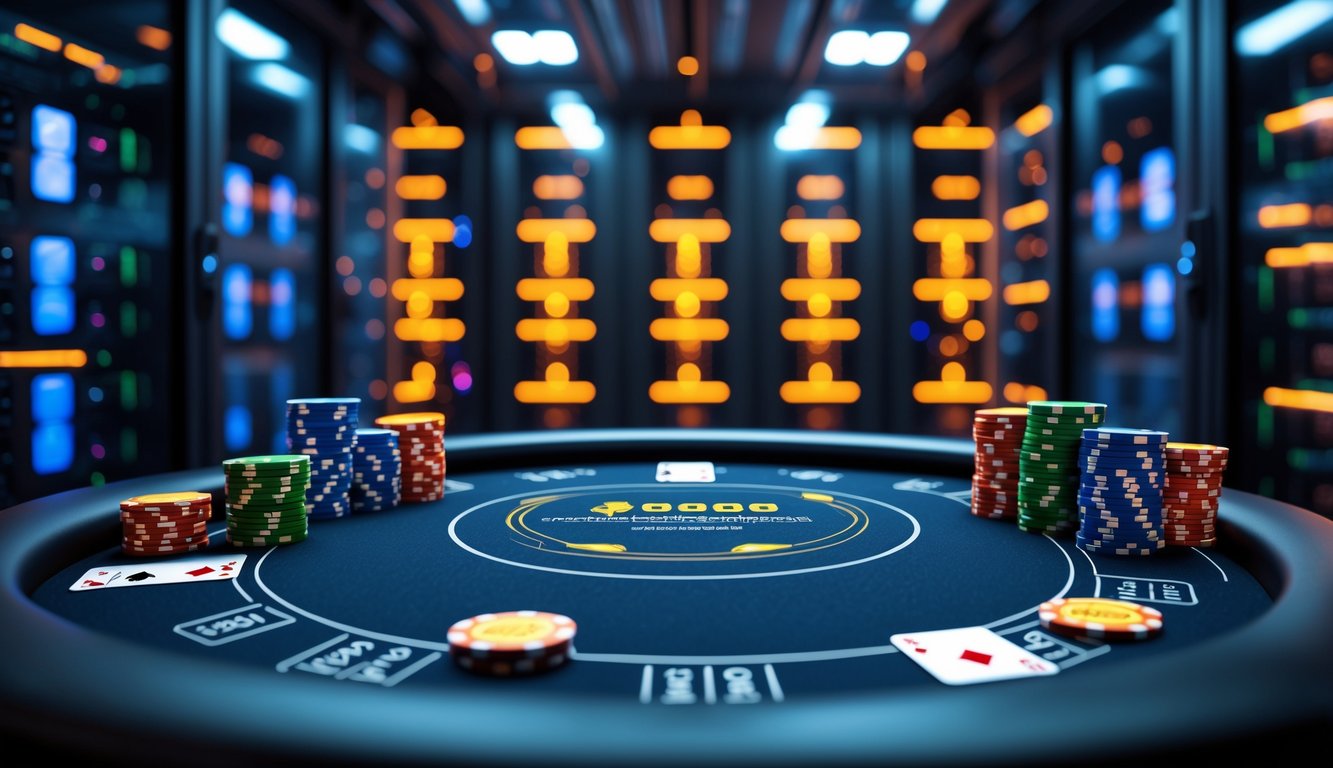 Sebuah layar komputer menampilkan permainan poker online dengan latar belakang ruang server modern yang terang dan berteknologi tinggi.