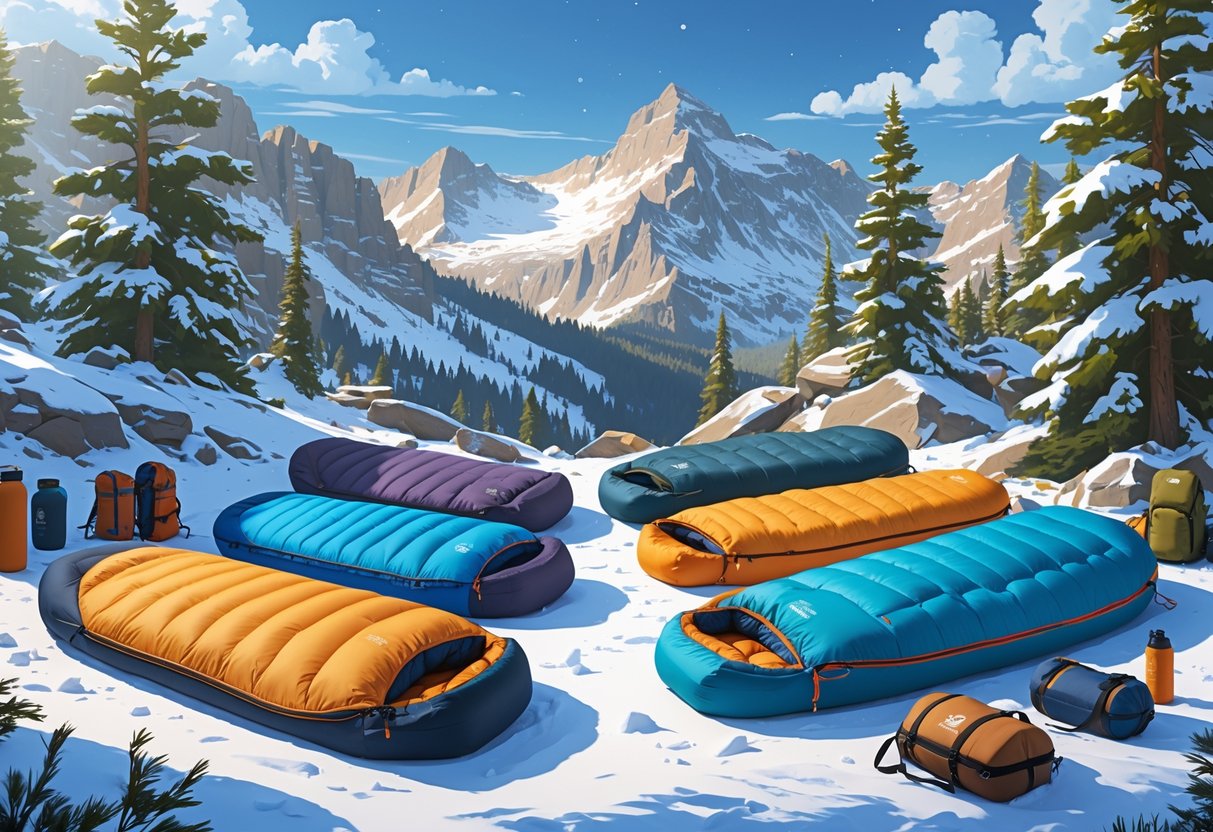 Vintersoveposer i snødekt fjellleir – sammenligning av vintersovepose i vinterforhold.