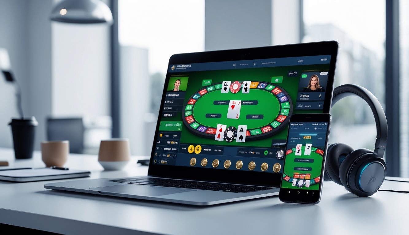 Tampilan laptop dan ponsel yang menunjukkan permainan poker online modern dengan chip poker dan kartu di meja kerja minimalis.