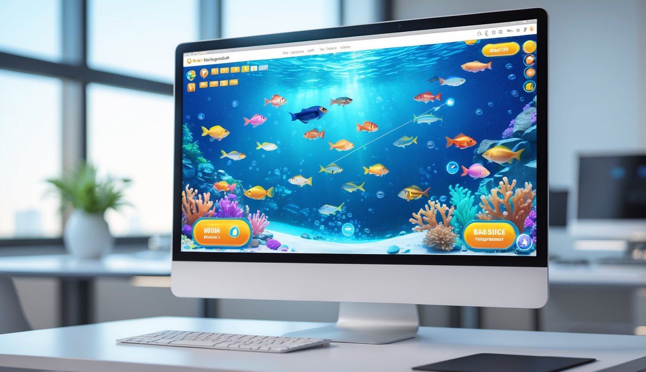 Tampilan layar komputer yang menampilkan permainan tembak ikan dengan grafis warna-warni dan latar bawah laut.