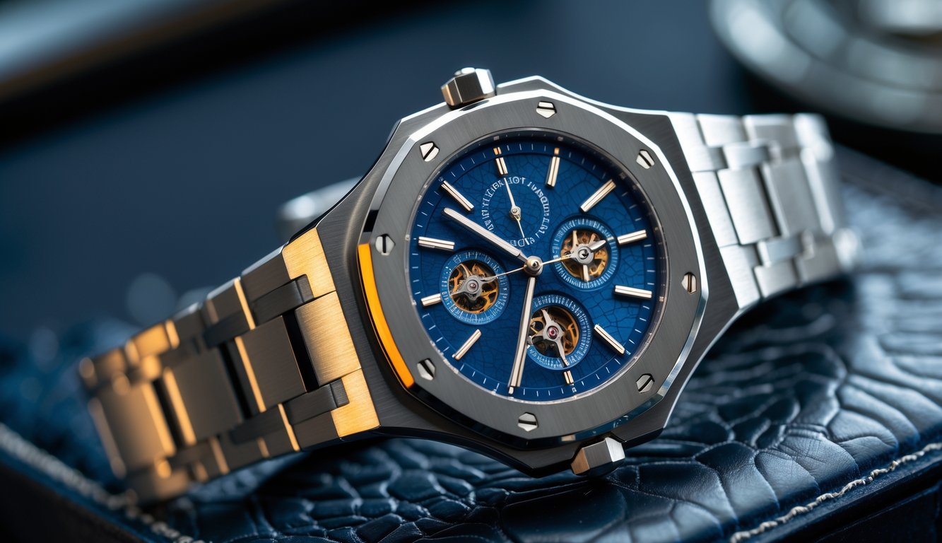 Foto close-up jam tangan mewah Audemars Piguet dengan latar belakang gelap.