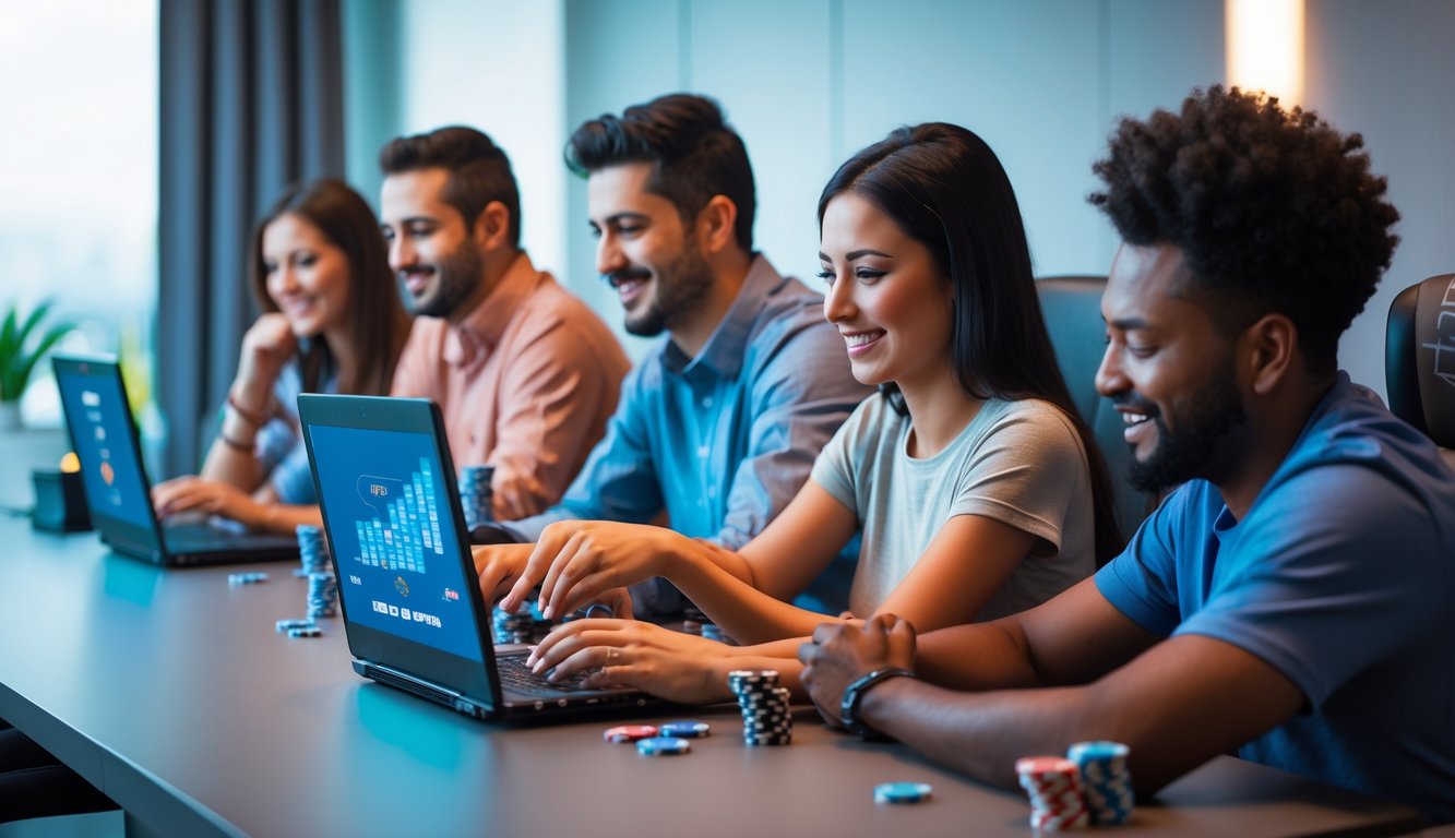 Sekelompok orang beragam usia dan etnis sedang bermain poker online menggunakan laptop dan ponsel di ruangan modern yang terang.