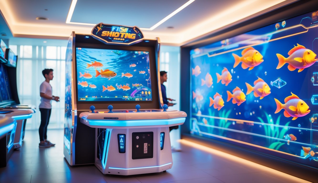 Sebuah mesin arcade tembak ikan modern yang stabil di ruang permainan dengan beberapa pemain yang sedang bermain.