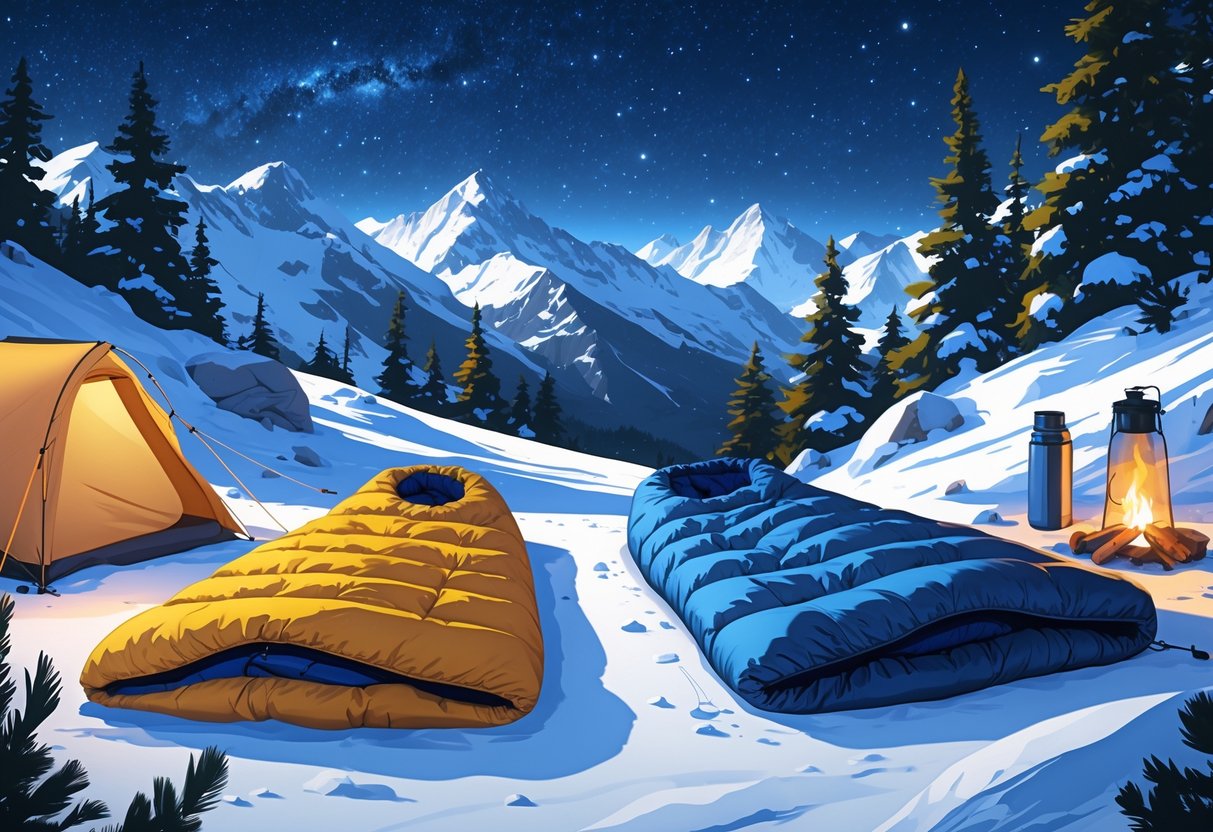 Dun- og syntetiske vintersoveposer ved telt i snødekt leir om natten.