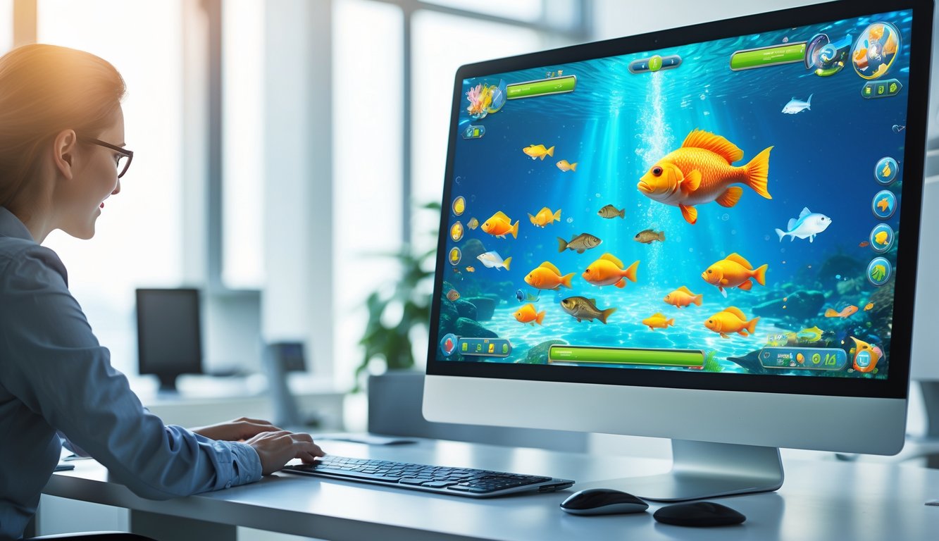 Layar komputer menampilkan permainan menembak ikan online dengan latar bawah laut yang penuh ikan berwarna-warni di sebuah ruangan kantor yang bersih dan terang.