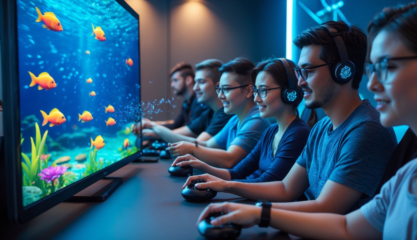 Beberapa orang sedang bermain permainan tembak ikan di layar besar dengan latar ruangan berwarna biru seperti di bawah laut.