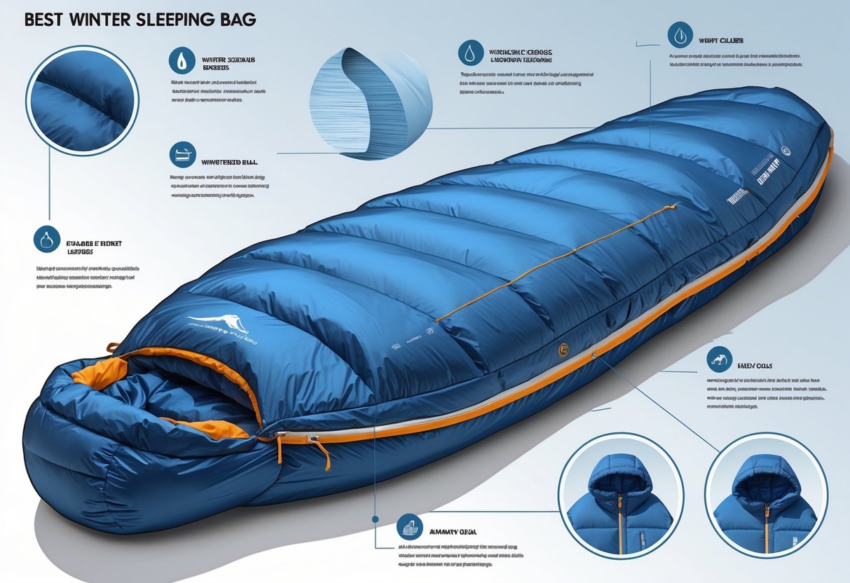 Illustrasjon av viktige designdetaljer på en vintersovepose: glidelås, hette og varmekrage.