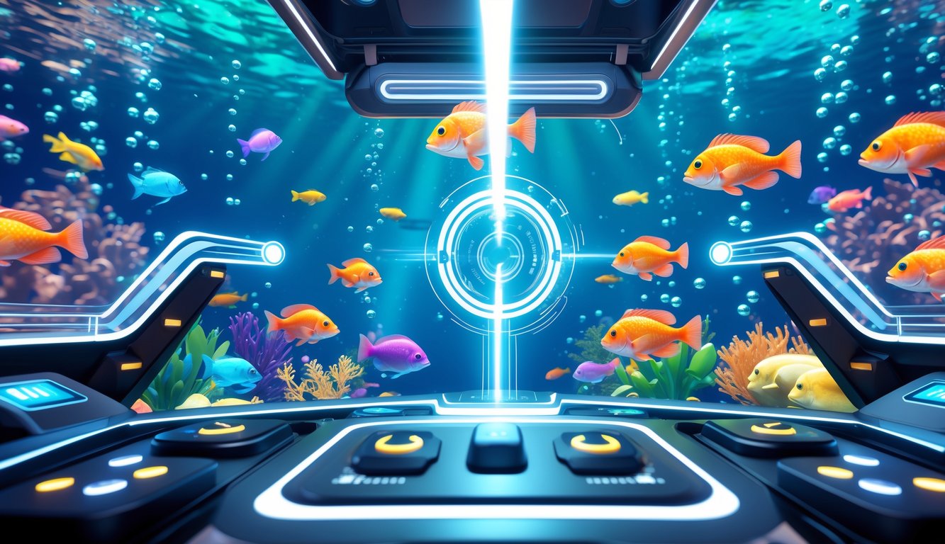 Antarmuka permainan tembak ikan modern dengan ikan berwarna-warni dan kontrol digital di latar bawah laut.