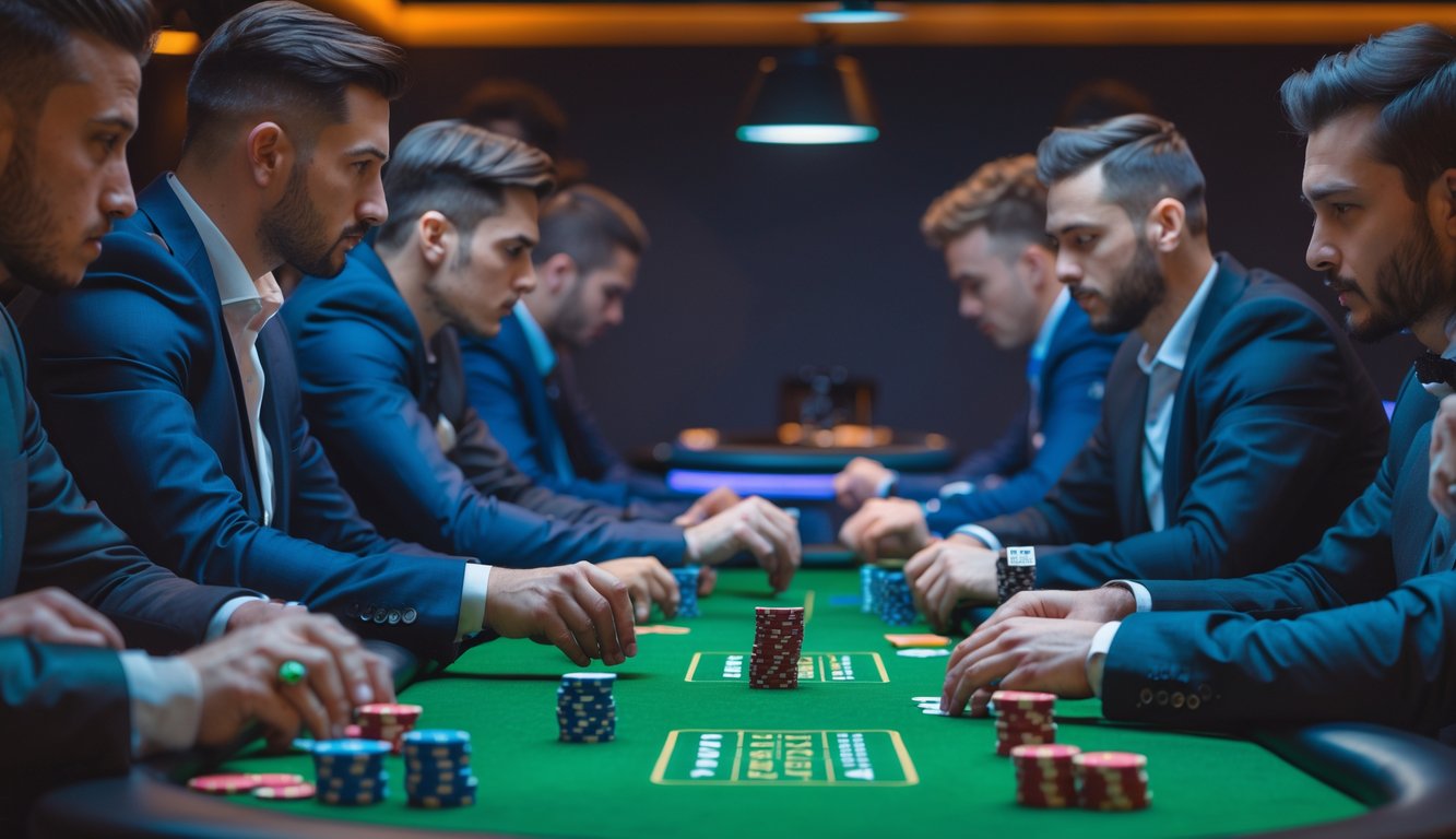 Beberapa pemain poker fokus bermain di meja poker kompetitif dengan chip dan kartu di ruangan yang elegan dan pencahayaan redup.