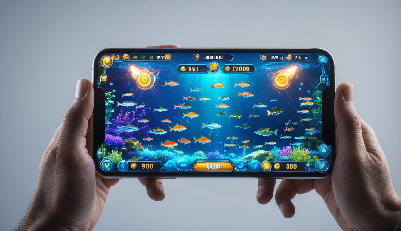 Seseorang memegang ponsel yang menampilkan permainan tembak ikan online dengan berbagai ikan berwarna-warni dan efek visual menarik di layar.
