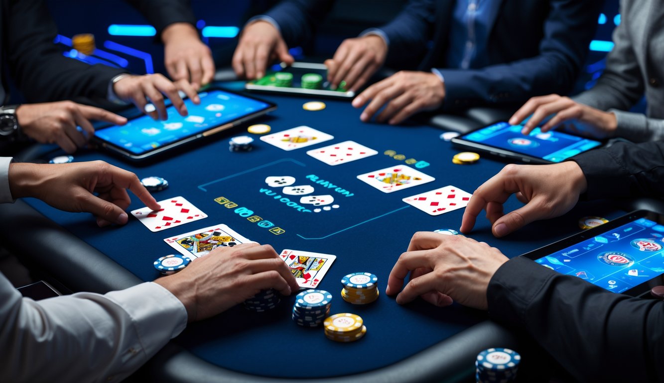 Beberapa orang bermain poker online secara real-time menggunakan berbagai perangkat seperti laptop, tablet, dan ponsel di meja poker digital.