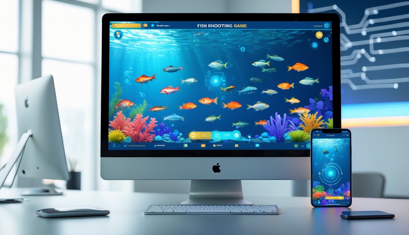 Layar komputer dan ponsel menampilkan permainan tembak ikan online dengan grafik ikan berwarna-warni di latar ruang kerja modern.