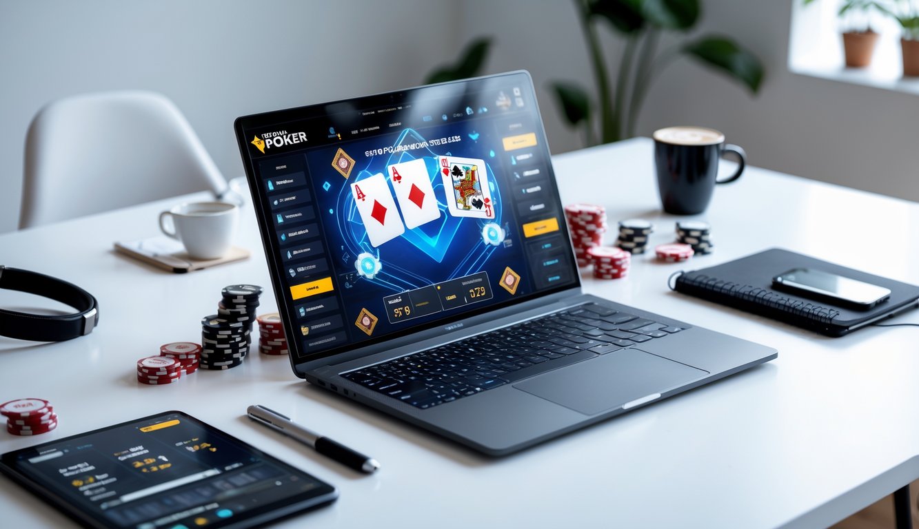 Seorang pemain poker online sedang fokus menggunakan laptop dengan kartu dan chip poker di meja, menunjukkan suasana bermain strategi.