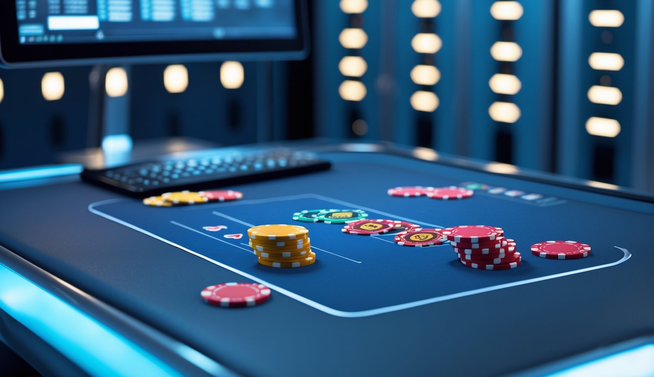 Suasana meja poker digital dengan chip dan kartu, serta rak server dengan lampu indikator di latar belakang.