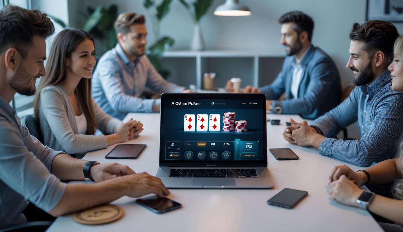 Orang-orang bermain poker online di depan komputer dengan suasana yang profesional dan adil.