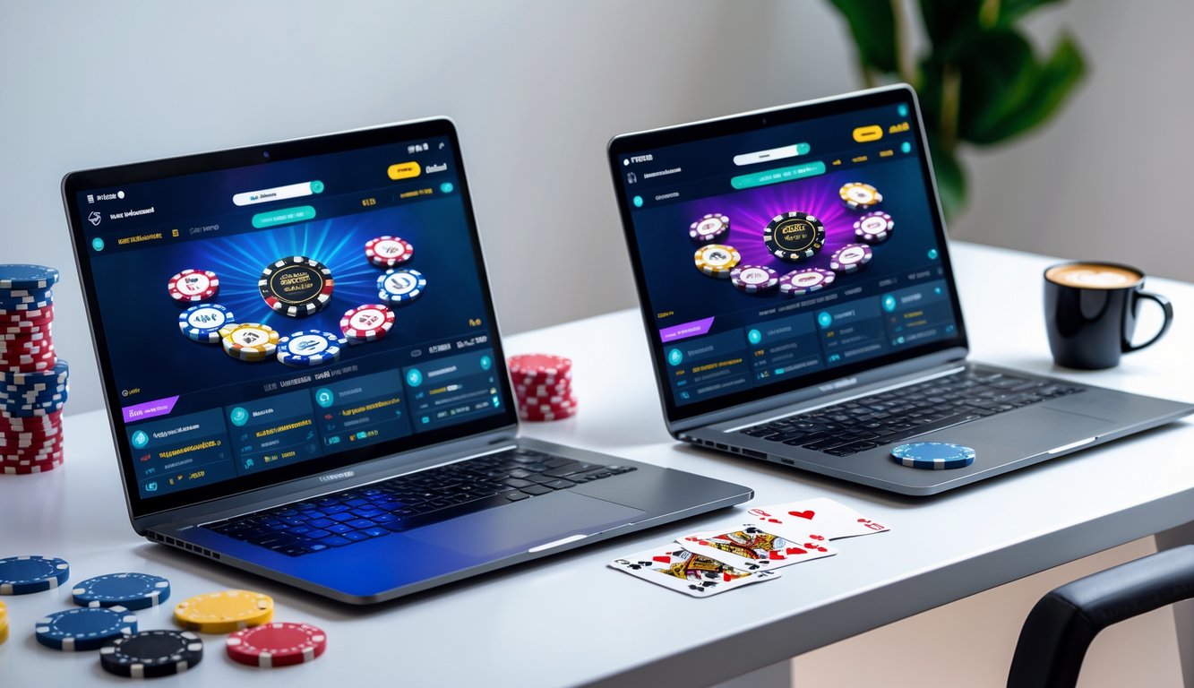 Seorang pemain menggunakan laptop dan ponsel untuk bermain poker online dengan suasana ruang kerja modern dan perlengkapan poker di sekitar.