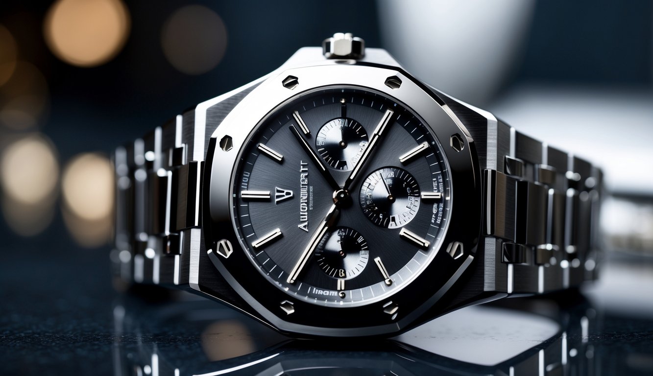 Foto close-up jam tangan mewah Audemars Piguet dengan latar belakang gelap dan permukaan reflektif.