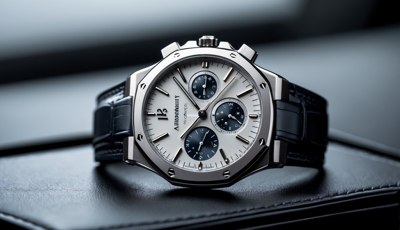 Jam tangan mewah Audemars Piguet terbaru diletakkan di atas permukaan kulit hitam dengan pencahayaan lembut yang menonjolkan detailnya.