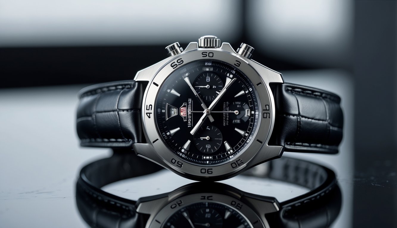 Sebuah jam tangan TAG Heuer mewah dengan desain modern diletakkan di atas permukaan hitam yang memantulkan cahaya.