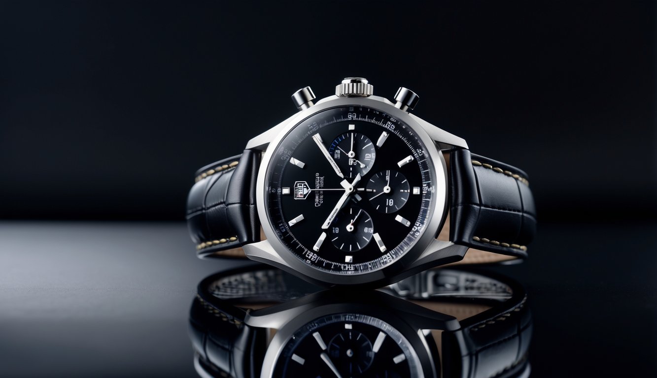 Foto close-up jam tangan TAG Heuer Carrera Chronograph terbaru dengan latar belakang gelap.