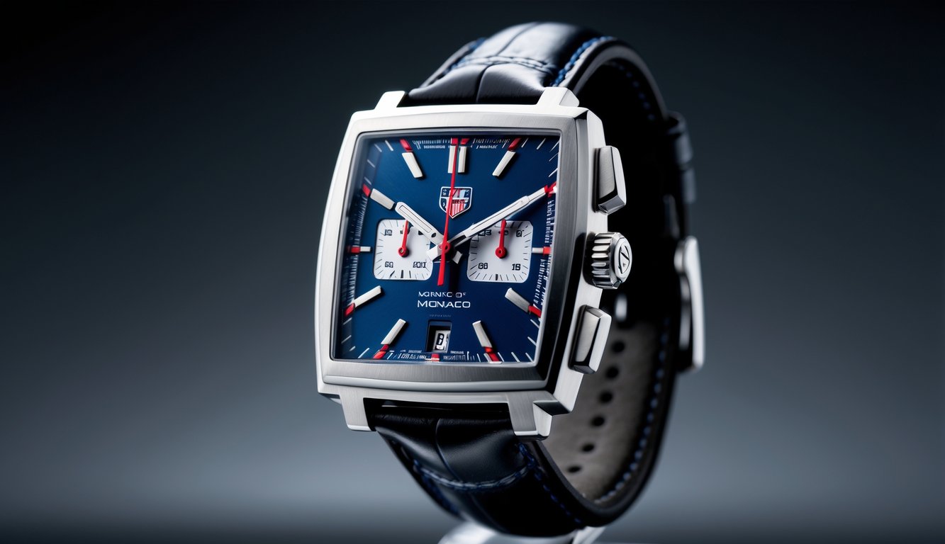 Jam tangan TAG Heuer Monaco edisi terbatas 2025 dengan tali kulit hitam dan dial biru, diletakkan di latar belakang gelap.