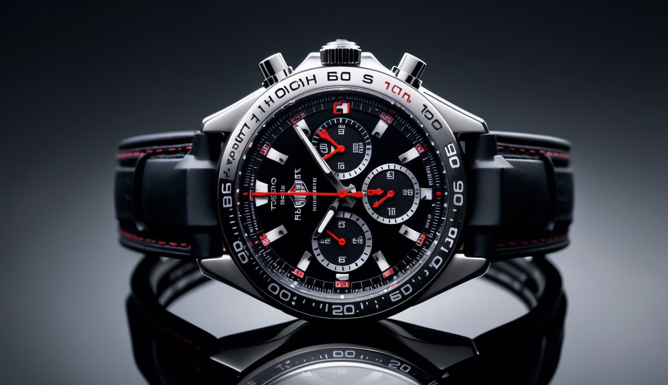 Foto jam tangan TAG Heuer Formula 1 chronograph mewah dengan latar belakang gelap.